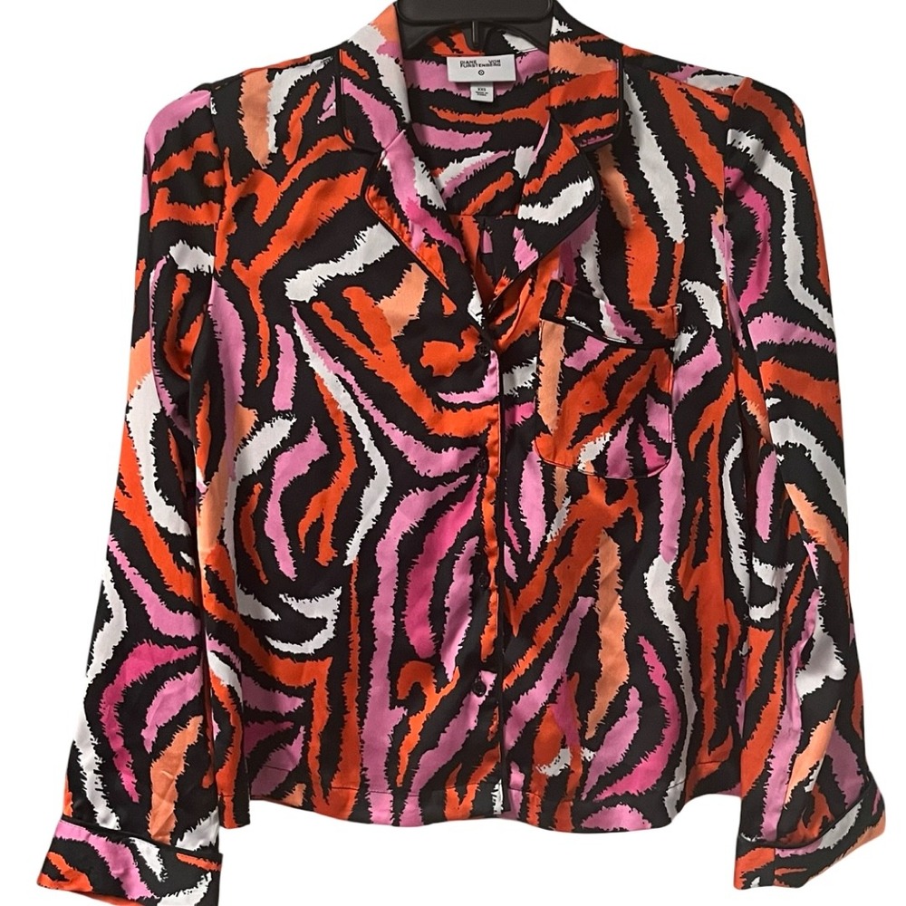 Diane Von Furstenberg X Target Satin Pajama Shirt Multicolored Zebra Print XXS